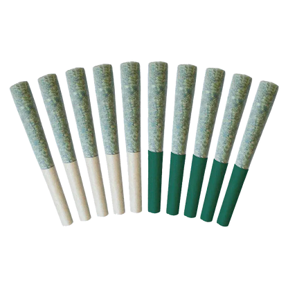 Row of ten pre-rolled cones in alternating white and green tips displayed from a top-front angle, West Coast Classics Duo Pack PR 10 x 0.5 g