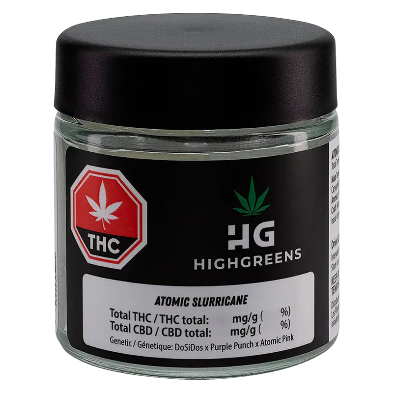 Front view of the glass jar labeled "HighGreens Atomic Slurricane" with a black lid and THC symbol on a white background.