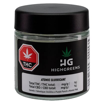 Front view of the glass jar labeled "HighGreens Atomic Slurricane" with a black lid and THC symbol on a white background.