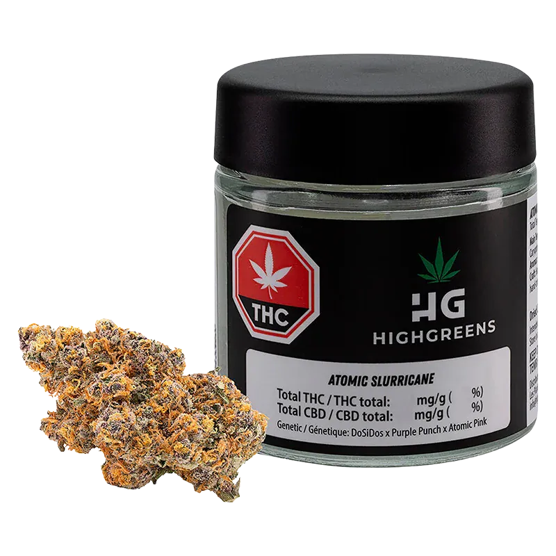 Front-angle shot of a 3.5 g HighGreens Atomic Slurricane jar with black lid and label, shown alongside a single frosty orange-tinted bud.