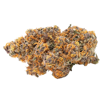 Close-up top view of the Atomic Slurricane cannabis bud showing dense purple-green florets dusted with white trichomes and bright orange pistils.