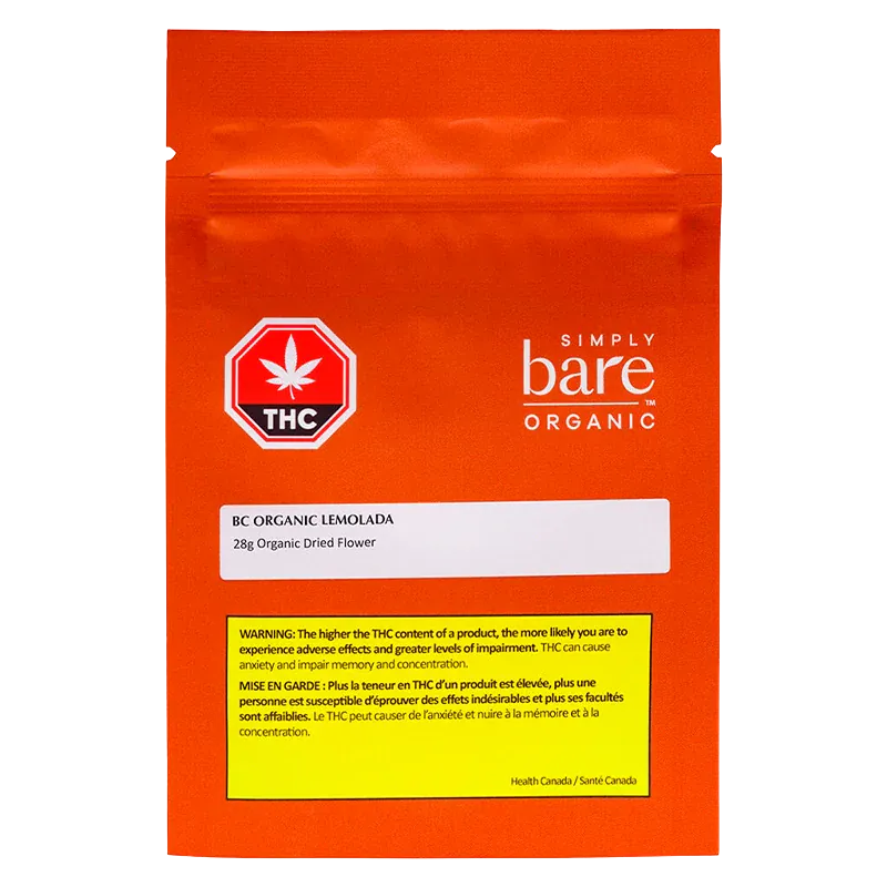 Front-facing shot of the bright orange BC Organic Lemolada pouch with a white label, THC symbol, and warning box visible.
