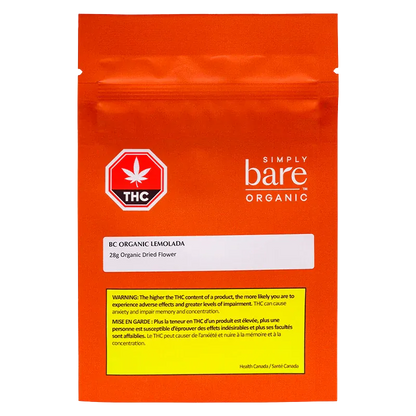Front-facing shot of the bright orange BC Organic Lemolada pouch with a white label, THC symbol, and warning box visible.