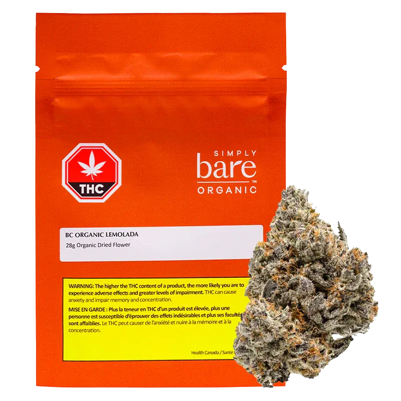 Front-facing shot of a bright orange pouch and a single dense nugget labeled BC Organic Lemolada, 28 g, shown against a white background.
