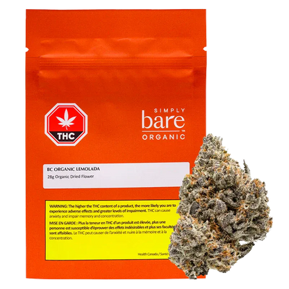 Front-facing shot of a bright orange pouch and a single dense nugget labeled BC Organic Lemolada, 28 g, shown against a white background.