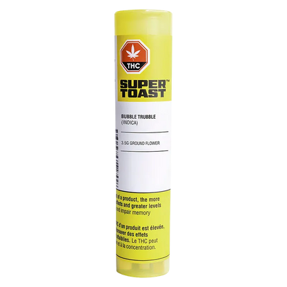 Tall front view of a yellow Super Toast Pop n' Pour Bubble Trubble tube with bold logo and white product label.