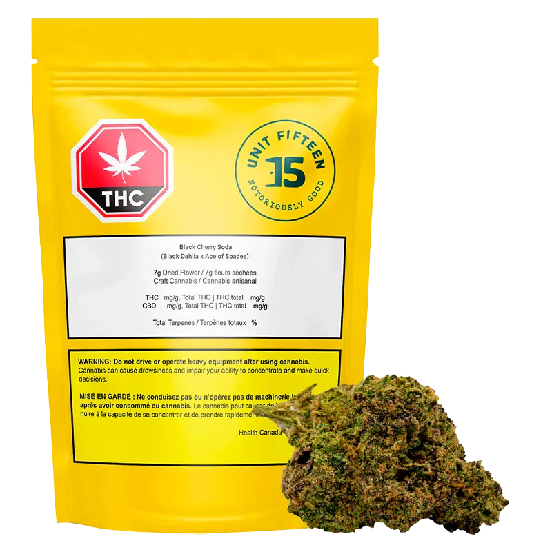 Front-facing shot of a bright yellow pouch and a cannabis bud labeled U15 Black Cherry Soda Sativa 7 g - Unit 15.