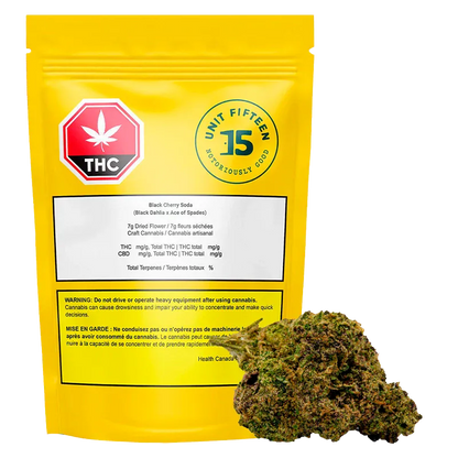 Front-facing shot of a bright yellow pouch and a cannabis bud labeled U15 Black Cherry Soda Sativa 7 g - Unit 15.