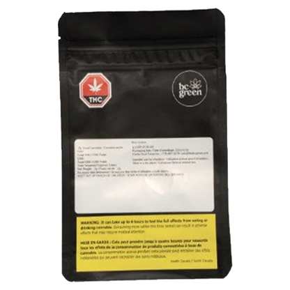 Rear view of the black resealable pouch labeled "Blue Cookies" with a white information panel, THC symbol, and be green logo.