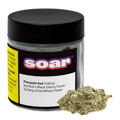 Front three-quarter view of a glass jar labeled "soar Pineapple God" with a black lid and a single green, orange-speckled bud in front.