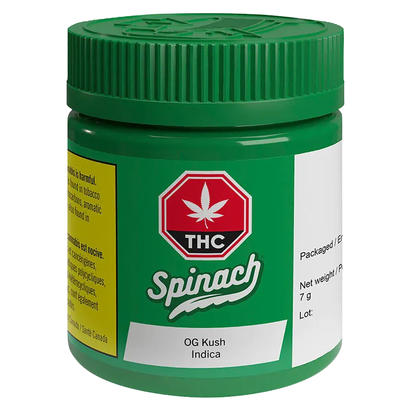 Angled close-up of a green Spinach OG Kush jar with a ribbed screw lid, THC logo and white product label visible.