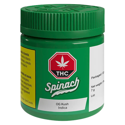 Angled close-up of a green Spinach OG Kush jar with a ribbed screw lid, THC logo and white product label visible.