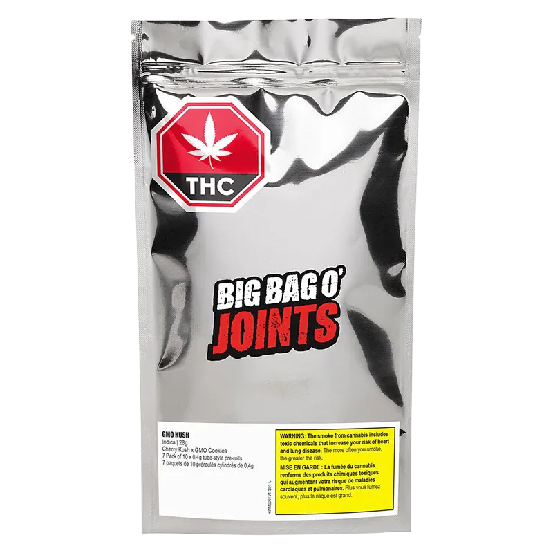 Front-facing shot of a reflective silver pouch labeled "BIG BAG O' JOINTS" with a red THC badge and the product name GMO Kush PR 70 x 0.4 g visible on the lower label.