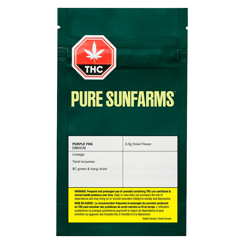 Front-facing image of the Pure Sunfarms Purple Fog pouch with a green background, bold yellow logo, THC octagon symbol, and a white product info panel.