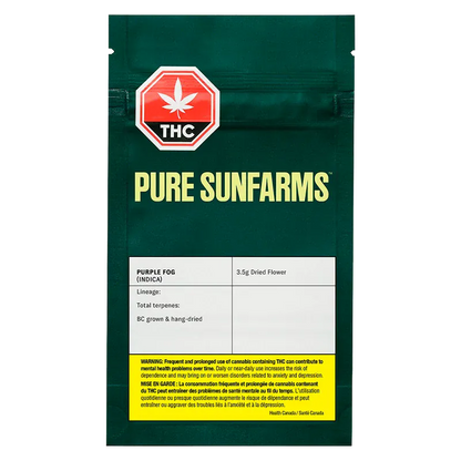 Front-facing image of the Pure Sunfarms Purple Fog pouch with a green background, bold yellow logo, THC octagon symbol, and a white product info panel.