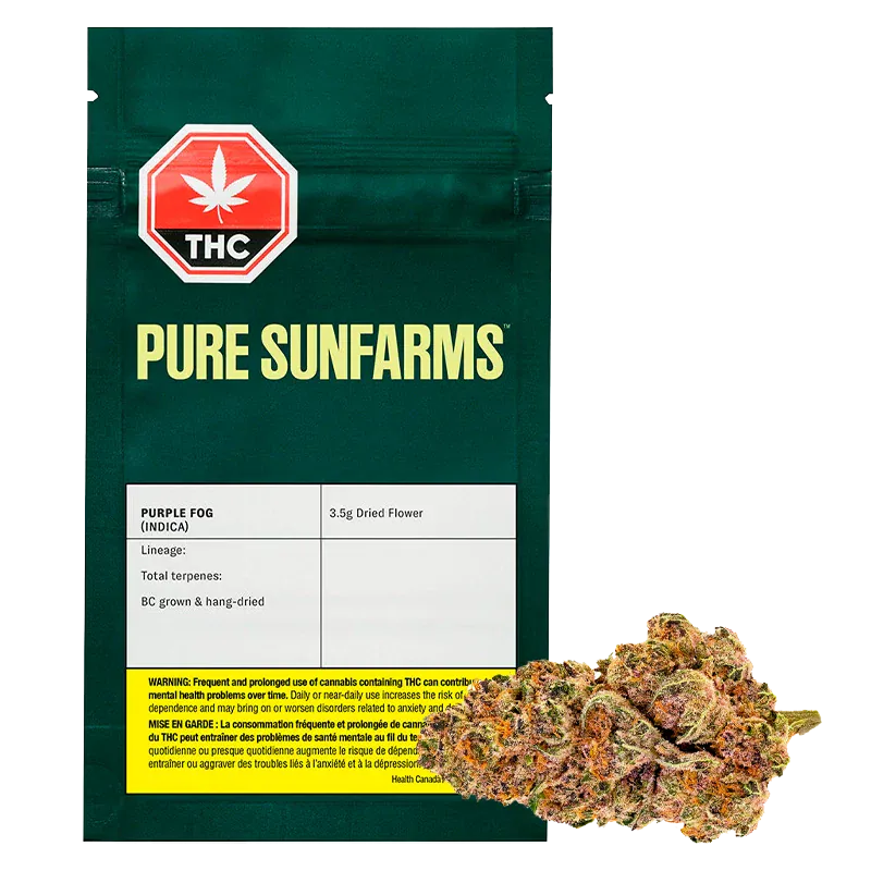 Front-facing pouch of Pure Sunfarms Purple Fog with a 3.5 g label, dark green background and a cannabis bud pictured at the lower right.
