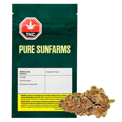 Front-facing pouch of Pure Sunfarms Purple Fog with a 3.5 g label, dark green background and a cannabis bud pictured at the lower right.