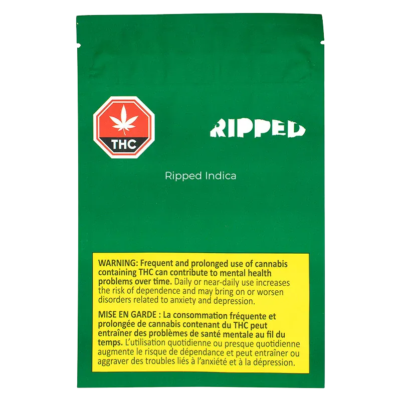 Flat front view of the green Ripped Indica packaging with a white RIPPED logo, THC symbol at top left, and a yellow health warning panel at the bottom
