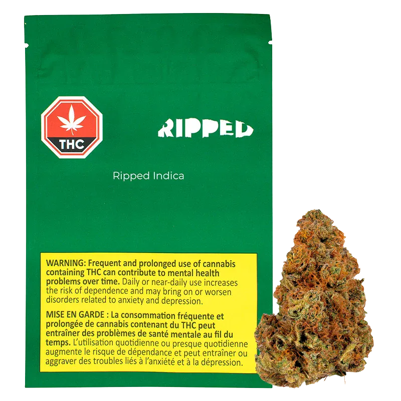 Front view of the green pouch and adjacent bud labeled Ripped Indica showing a THC warning panel and a close-up of the 28 g nug.