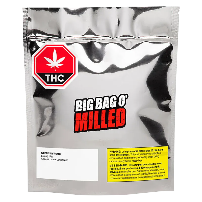 Front-facing shot of the shiny pouch labeled "Where's My Car" with a red THC octagon and bold "BIG BAG O' MILLED" text.