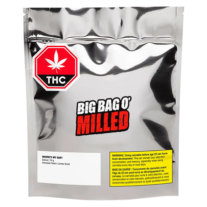 Front-facing shot of the shiny pouch labeled "Where's My Car" with a red THC octagon and bold "BIG BAG O' MILLED" text.