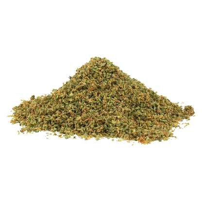 Low-angle view of a loose green and orange herb pile labeled "Where's My Car" centered on a white background.