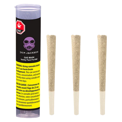 Left-side front view of the Dom Jackson Gas Mask Variety Pack PR 3 x 0.5 g tube with three pre-rolls standing upright to its right.