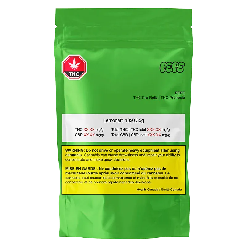 Front-facing shot of a bright green resealable pouch labeled Lemonatti Slim PR 10 x 0.35 g with a white info panel and a prominent yellow warning box.