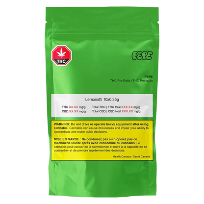 Front-facing shot of a bright green resealable pouch labeled Lemonatti Slim PR 10 x 0.35 g with a white info panel and a prominent yellow warning box.