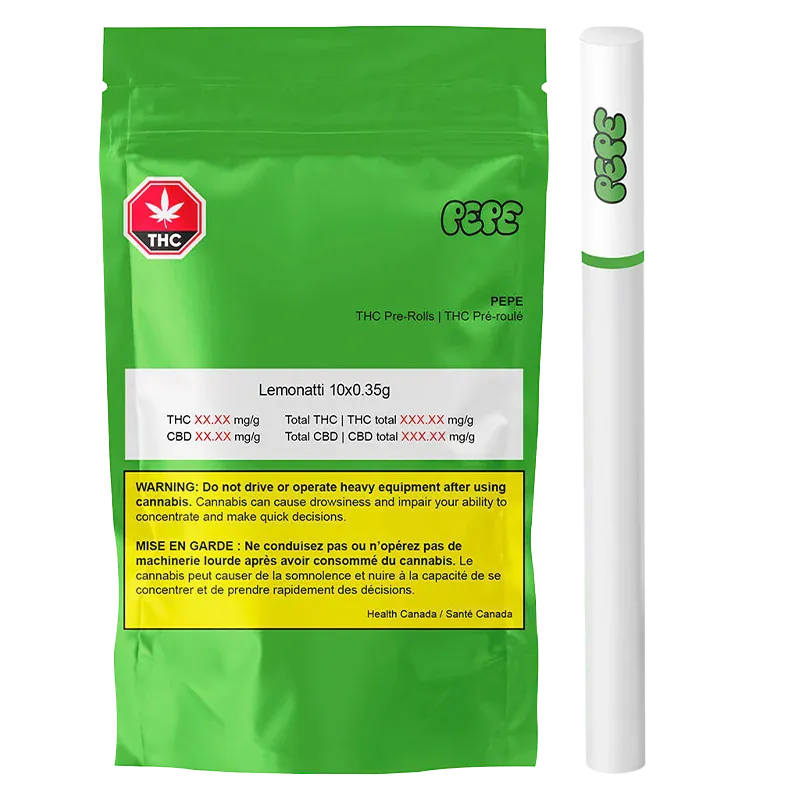 Front-facing photo of a bright green pouch and white pre-roll tube labeled Lemonatti Slim PR 10 x 0.35 g against a white background.