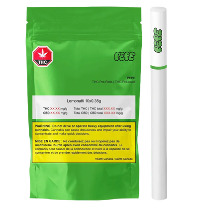Front-facing photo of a bright green pouch and white pre-roll tube labeled Lemonatti Slim PR 10 x 0.35 g against a white background.