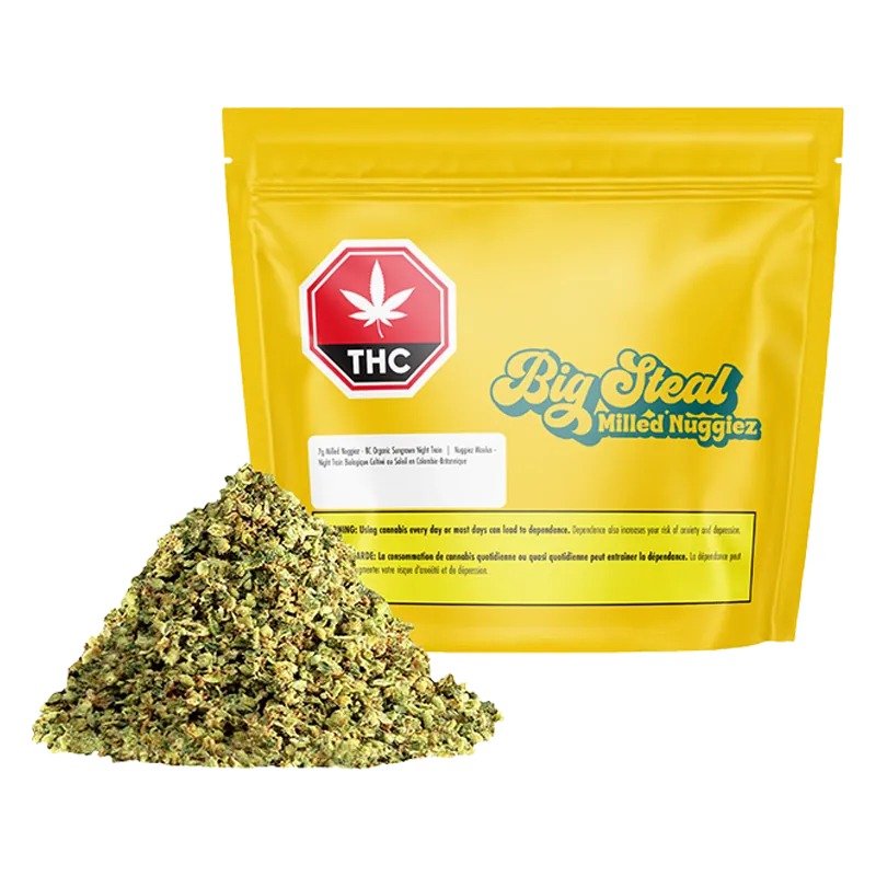 Front-facing yellow pouch labeled "BC Organic Sungrown Night Train" with a red THC octagon and a small pile of green milled flower in front.