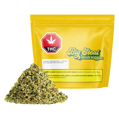 Front-facing yellow pouch labeled "BC Organic Sungrown Night Train" with a red THC octagon and a small pile of green milled flower in front.