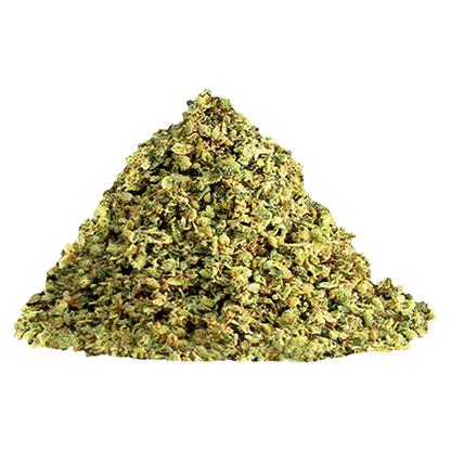 Piled heap of loose green flower labeled BC Organic Sungrown Night Train shown from a low front angle against a white background