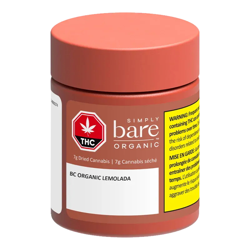 Front three-quarter view of a coral jar labeled "BC Organic Lemolada" from Simply Bare Organic with a THC symbol and yellow warning panel.