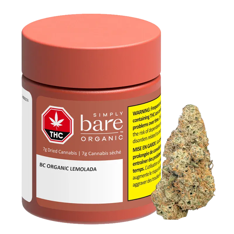 Front three-quarter view of a red jar and adjacent bud labeled BC Organic Lemolada, shot on a plain white background.