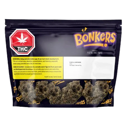 Front-facing shot of the Purple Lemonade pouch with the Bonkers logo at top and visible cannabis buds through a lower window.