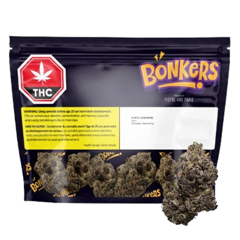 Front-facing shot of a Bonkers Purple Lemonade pouch with visible buds through a clear lower panel and a single nugget beside it.