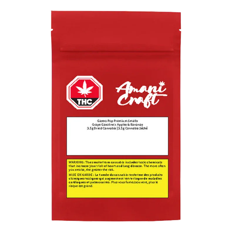 Front-facing shot of a red pouch labeled "Gastro Pop Premium Smalls" from Amani Craft with a white THC octagon logo and a yellow warning box.