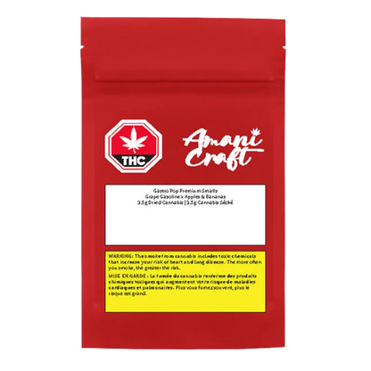 Front-facing shot of a red pouch labeled "Gastro Pop Premium Smalls" from Amani Craft with a white THC octagon logo and a yellow warning box.