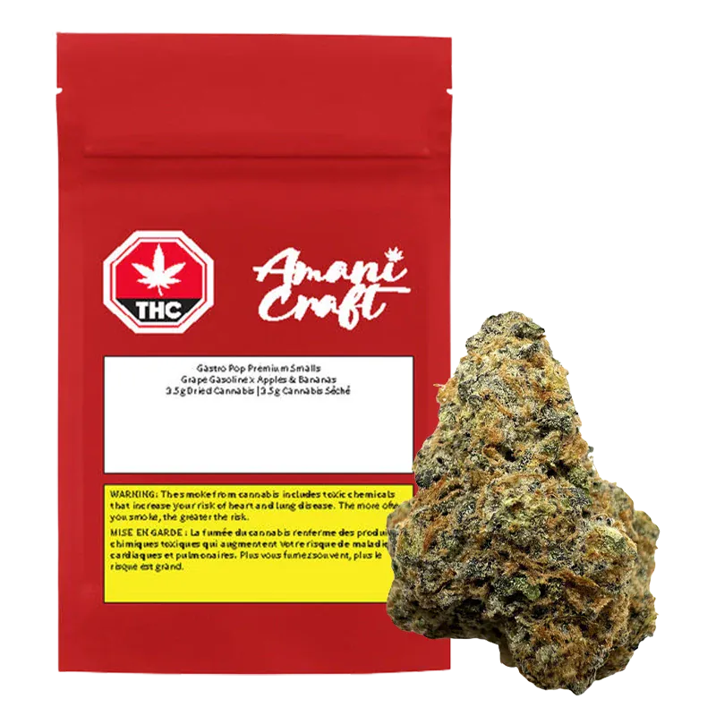 Front view of a red pouch and a single nug, showing the Gastro Pop Premium Smalls pouch beside a close-up cannabis bud.