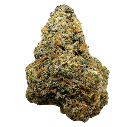 Close-up front view of a single nugget of Gastro Pop Premium Smalls showing green and amber hairs and frosty trichomes.