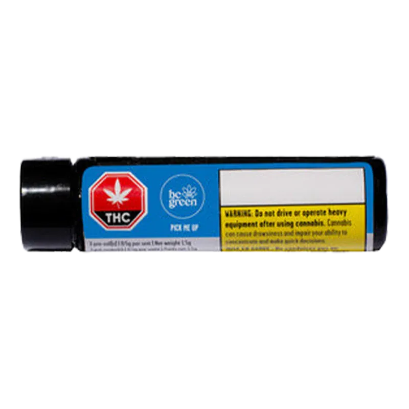 Horizontal close-up of a black tube packaging labeled Pick Me Up PR 3 x 0.5 g with blue and yellow warning panels and a red THC symbol.