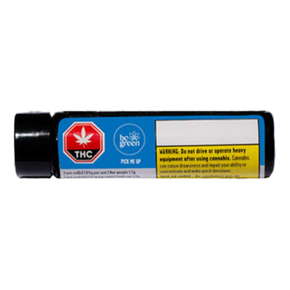 Horizontal close-up of a black tube packaging labeled Pick Me Up PR 3 x 0.5 g with blue and yellow warning panels and a red THC symbol.