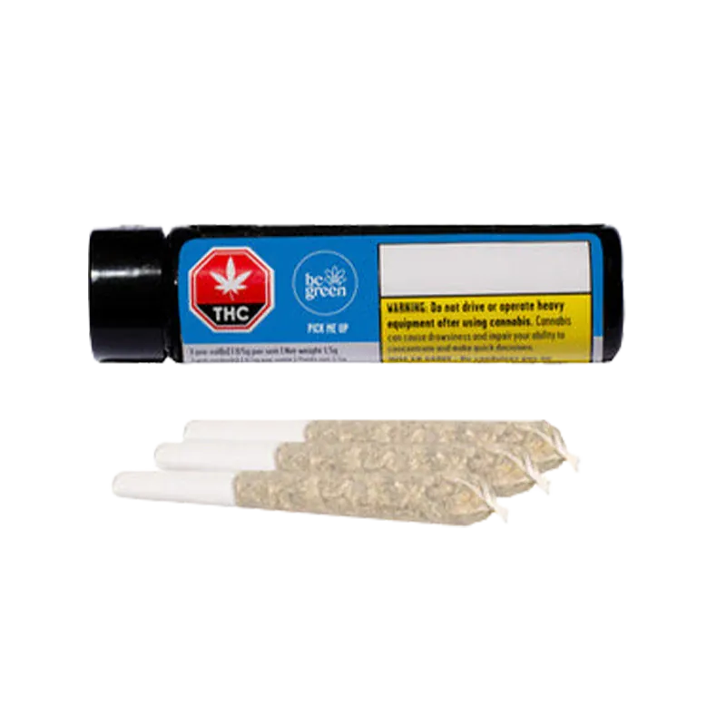 Horizontal shot of a black tube labeled "Pick Me Up PR 3 x 0.5 g" above three pre-rolled joints on a white background.