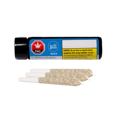 Horizontal shot of a black tube labeled "Pick Me Up PR 3 x 0.5 g" above three pre-rolled joints on a white background.