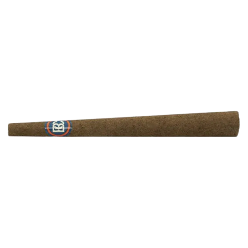 Side view of a brown rolled cone on white background showing the blue-and-orange logo, Coffee Creamer Blunt PR 1 x 1 g.