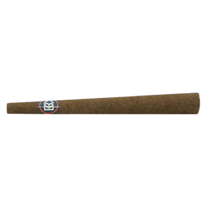 Side view of a brown rolled cone on white background showing the blue-and-orange logo, Coffee Creamer Blunt PR 1 x 1 g.