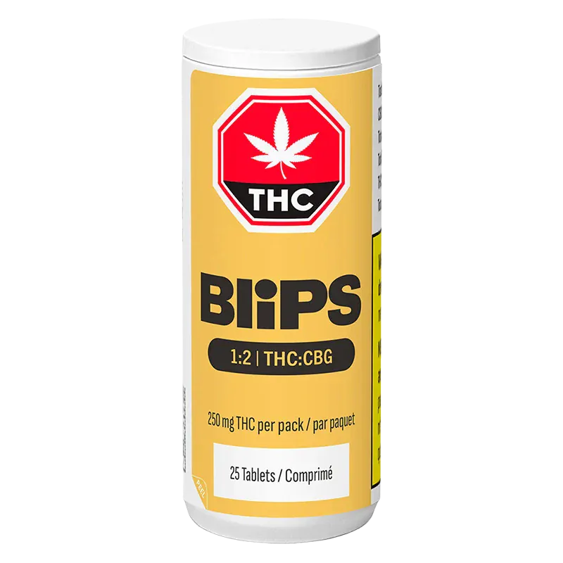Front-facing image of a yellow-tinted Blips 1:2 THC:CBG Tablets container with bold logo, THC symbol, and dosage text visible.