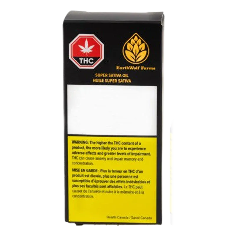 Front view of the black and yellow EarthWolf Farms Super Sativa Oil box with THC symbol and warning panel.